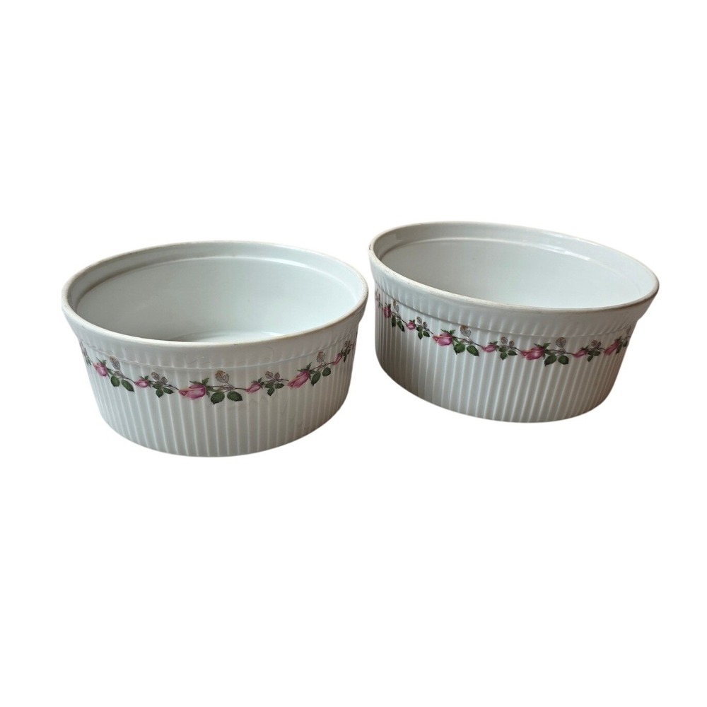 Apilco France Porcelain Rose Floral Souffle Dish Set 2 Chamart‎ Ribbed 8.5" B1